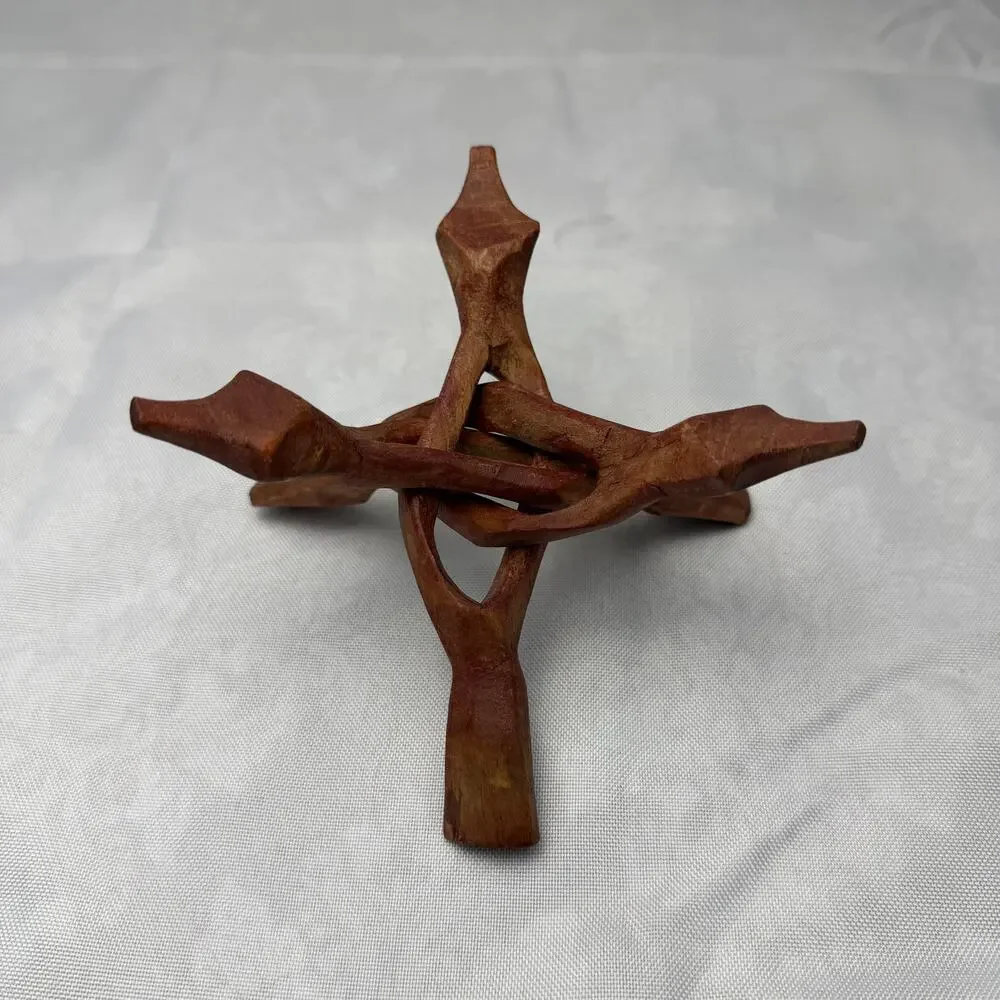 Hand Carved Interlocking Wood Folding Display Stand Small Tripod Puzzle Stand